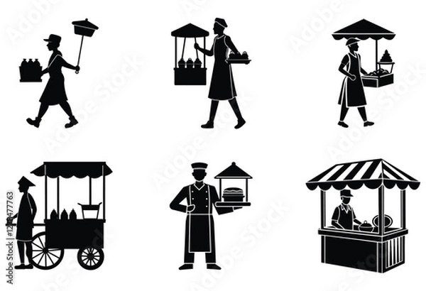 Obraz Silhouettes of fast food seller bundle on white background