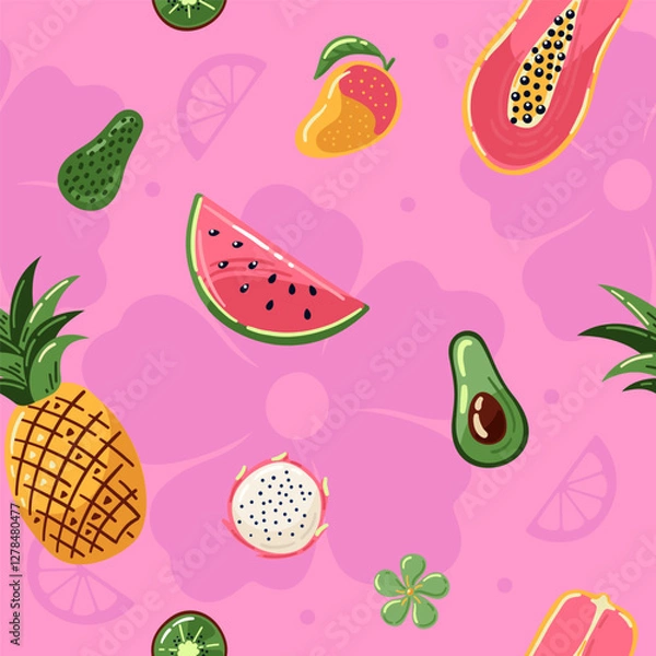 Fototapeta Summer pattern with exotic fruits on tropical background. Bright vector seamless pattern for summer textiles