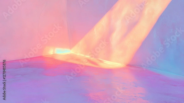 Fototapeta Iridescent pink and purple wall texture with radiant light beam for modern design