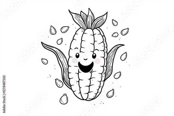 Fototapeta Little corn cob with a smiling face, surrounded by small kernels.