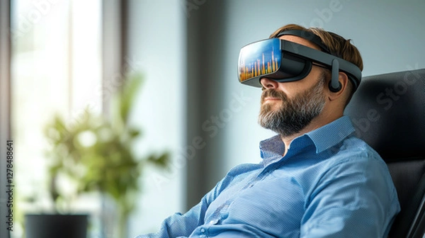 Fototapeta Immersive virtual reality experience with man wearing VR headset