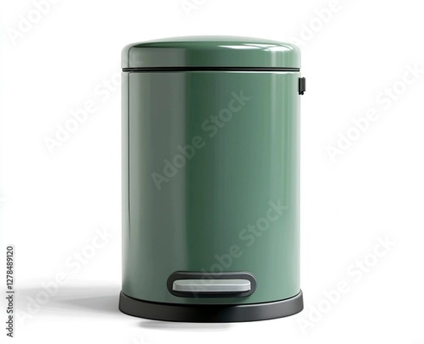 Obraz 3D green trash bin, front view, white background, high-resolution photography 
