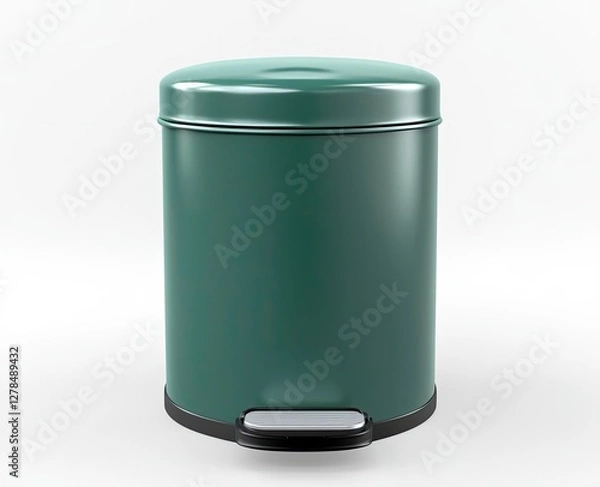 Obraz 3D green trash bin, front view, white background, high-resolution photography 