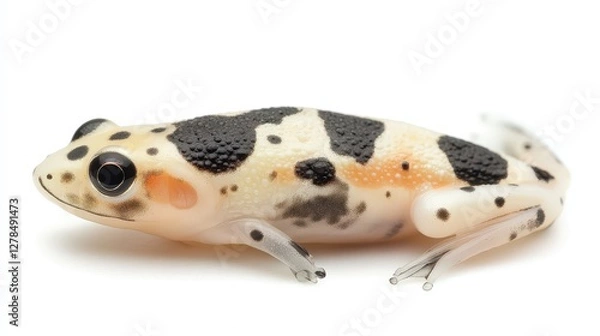 Fototapeta An exquisite cream-colored frog adorned with striking black spots gazes rightward, capturing elegance in a vibrant natural tableau