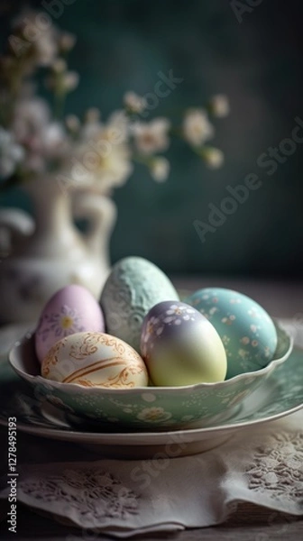 Fototapeta The eggs are arranged in a decorative ceramic bowl with a floral design, placed on a porcelain plate. Traditional Easter setting in a retro style