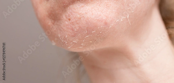 Fototapeta Skin peeling on chin area during a skincare regimen after a facial treatment in a soothing environment