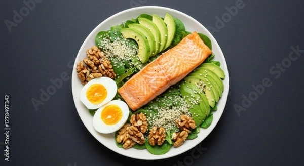 Fototapeta Healthy keto diet meal with salmon, avocado, boiled eggs and walnuts.
