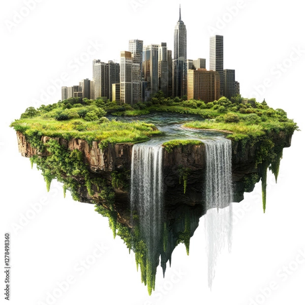 Fototapeta A floating island with green grass, waterfalls, and city buildings on a Transparent background.
