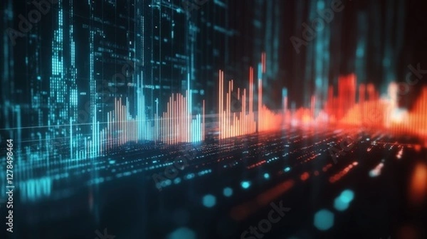 Fototapeta Abstract digital visualization of sound waves and data streams in a futuristic setting