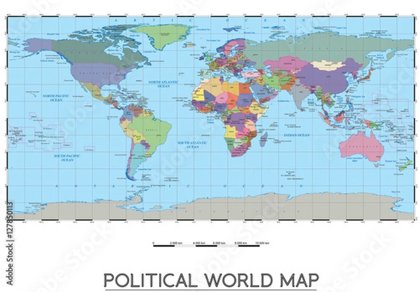 Fototapeta Political world map. Contents all countries by colour, capitals, islands and sees. All this information is classified by layers in the vector version. It is perfect for big murals.