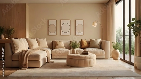 Fototapeta Living room exudes warmth and comfort with its soft beige tones, plush seating, and minimalist decor on cream color wall background- 3D rendering.