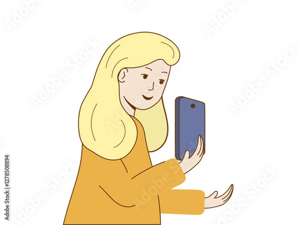 Fototapeta Girl holding the phone in his hand in front of his face and looking at smartphone. Woman looks at her phone screen. Girl stands and talks on video call. Takes pictures. Vector illustration.