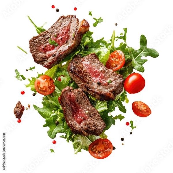 Fototapeta Falling meat and vegetables isolated on a Transparent background,