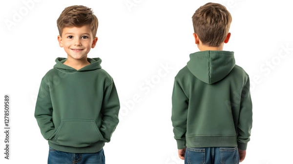 Fototapeta Portrait of a happy handsome american kid boy, wearing a green hoodie sweater and jeans, front and back view, mockup concept