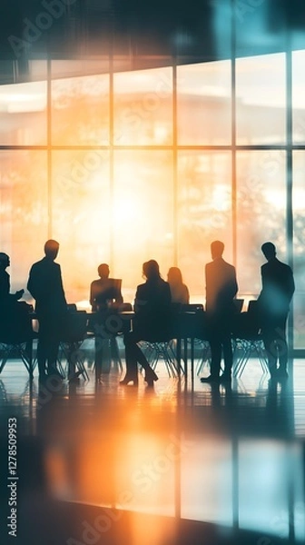Obraz A group of business people in silhouette stand around an office table
