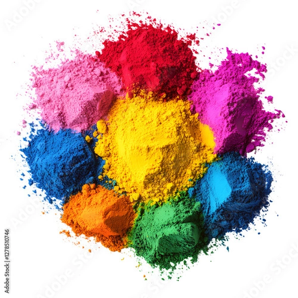 Fototapeta Vibrant colorful piles of holi powder arranged in circle isolated on transparent background for Holi festival celebration