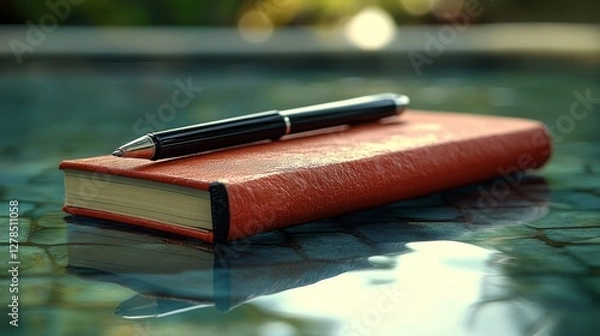 Fototapeta Tranquil Reflection: A Notebook and Pen by the Poolside