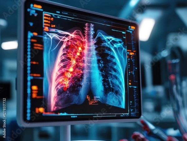 Fototapeta Digital X-ray display with glowing effects, high-tech medical scan visuals, AI-assisted diagnostics, sci-fi hospital environment
