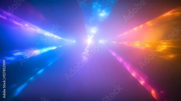 Obraz futuristic abstract composition with intersecting rgb light beams creating prismatic patterns through fog cyberpunk aesthetic