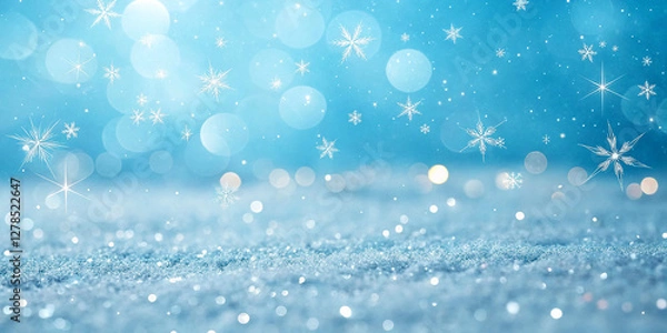 Fototapeta winter background, glittering snow, bokeh lights, blue tones, snowflakes, frosty surface, magical atmosphere, sparkling crystals, soft focus, dreamy scene, icy wonderland, cold beauty, ethereal glow,