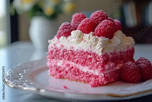 Fototapeta Raspberry cake slice on white plate in soft natural light. AI image