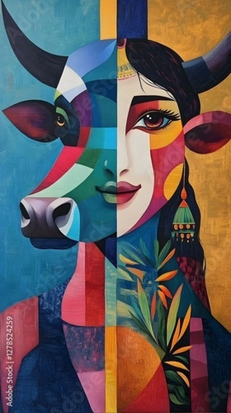 Obraz An abstract painting of the head and neck profile portrait, woman and cow
