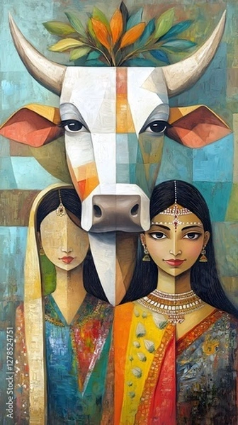 Obraz An abstract painting of the head and neck profile portrait, woman and cow
