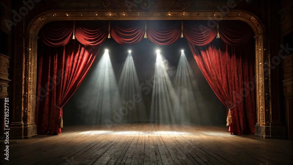 Fototapeta theater stage, red velvet curtains, spotlights, wooden floorboards, dramatic lighting, empty stage, vintage atmosphere, performance space, theatrical setting, dark background, beams of light, ornate
