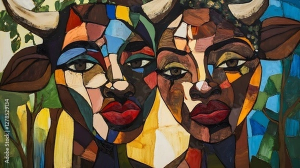 Obraz An abstract painting of the head and neck profile portrait, woman and cow
