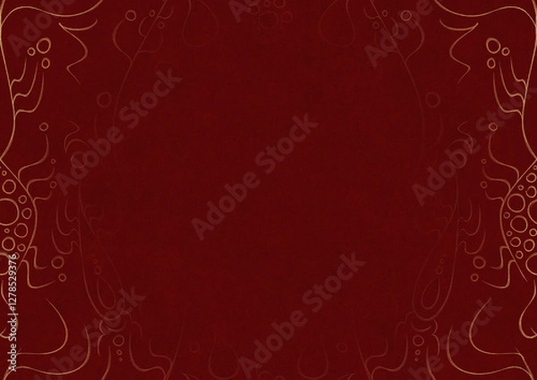 Fototapeta Deep red textured paper with vignette of golden hand-drawn pattern. Copy space. Digital artwork, A4. (pattern: p13-1a)