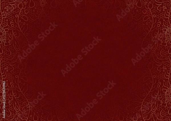 Obraz Deep red textured paper with vignette of golden hand-drawn pattern. Copy space. Digital artwork, A4. (pattern: p13-2b)