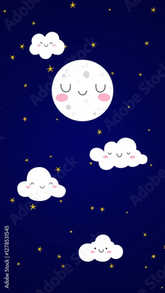 Obraz moon and stars with cute clouds on night sky, kids lullaby and nursery rhyme vertical social media background	