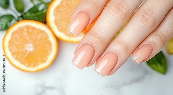 Fototapeta Close-up of hands with nude manicure on white background,  with oranges