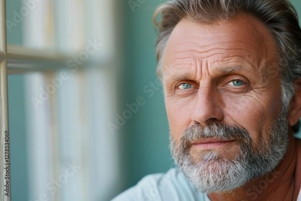 Obraz Mature man with blue eyes and beard gazing thoughtfully while sitting by a window in natural light during daytime