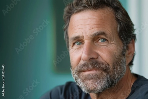 Fototapeta Portrait of a mature man with blue eyes and a beard, showcasing thoughtful expression in a calm indoor setting in natural light during the afternoon