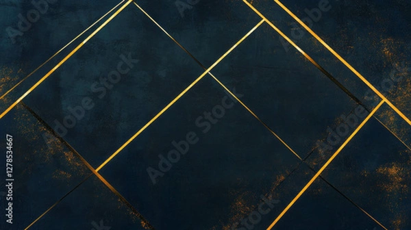 Fototapeta Abstract geometric pattern with gold molding lines on dark textured wall