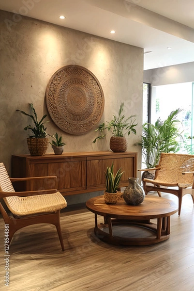 Fototapeta Modern Living Room Interior with Woven Decor and Tropical Plants
