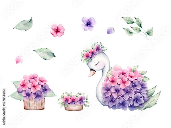 Fototapeta Set with swan, hydrangea and petals, baskets and leaves on a white background.