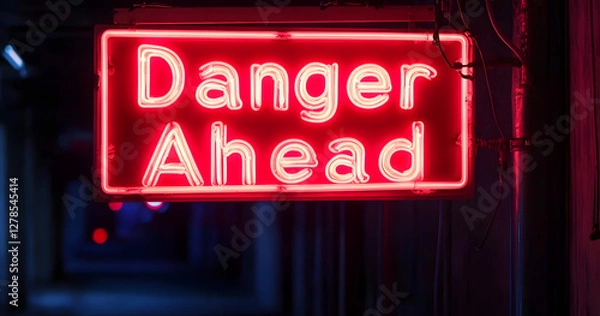 Fototapeta Red neon sign reading Danger Ahead glowing ominously in the dark. The intense red light casts eerie reflections warning of an impending hazard with an electrifying presence
