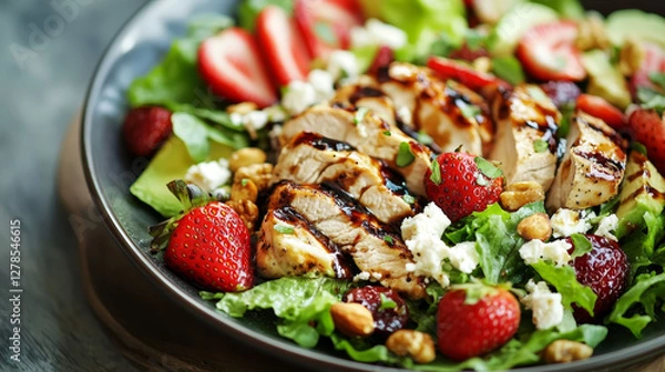 Fototapeta A fresh and balanced salad combining strawberries, grilled chicken, avocado, feta cheese, lettuce, and nuts, drizzled with balsamic vinegar--perfect for a delicious detox diet
