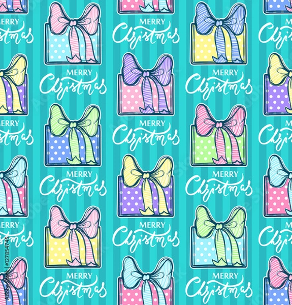 Fototapeta Seamless pattern with gift box, bow and Merry Christmas lettering design.Holidays background.Cute illustration.Vector gift box.Xmas presents.Colorful decorative pattern for celebrating winter holidays
