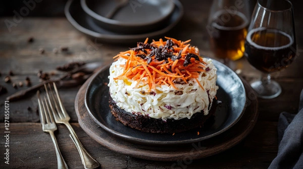 Obraz A simple yet flavorful homemade salad of finely shredded white cabbage and carrots, dressed with vinegar and olive oil, served in a bowl on a rustic wooden table