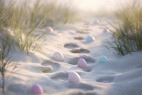 Fototapeta Colorful easter eggs scattered on sandy beach path in sunlit grass