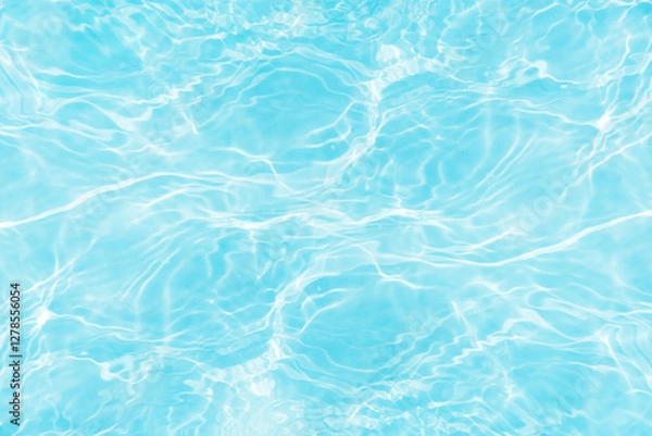Fototapeta Blue water with ripples on the surface. Defocus blurred transparent blue colored clear calm water surface texture with splashes and bubbles. Water waves with shining pattern texture background.