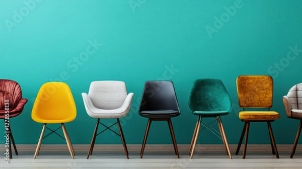 Fototapeta A beautifully lit 4K close-up of eclectic chairs in various styles and textures, lined up against a soft pastel wall, with a clean area reserved for banner text