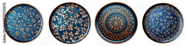 Fototapeta Exquisite ceramic plates featuring intricate ornate kaleidoscopic patterns in vibrant shades of blue orange and gold