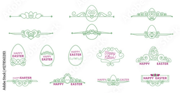 Fototapeta Set of decorative dividers with Easter eggs, curls and a greeting phrase. Egg-shaped frame and greeting decorative inscriptions. Page decors in purple and green colors. Design elements.
