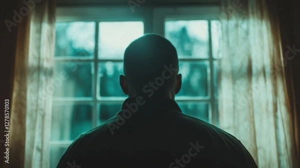Obraz Silhouetted figure watches in dim light by the window at midnight