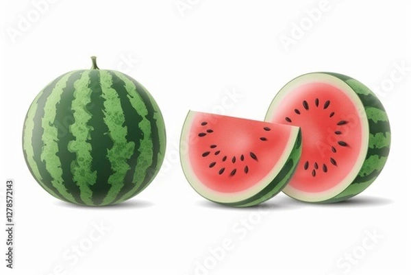 Fototapeta Whole Watermelon and Slices Displayed on White Background