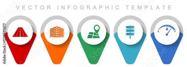 Fototapeta Travel pointer collection, miscellaneous icons such as road, building, navigation, signpost and fuel gauge, flat design vector infographic template in eps 10